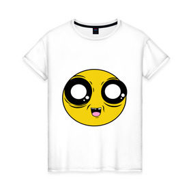Женская футболка хлопок с принтом Чекнутый смайл в Тюмени, 100% хлопок | прямой крой, круглый вырез горловины, длина до линии бедер, слегка спущенное плечо | глазастик | жёлтый | прикол | смайлик