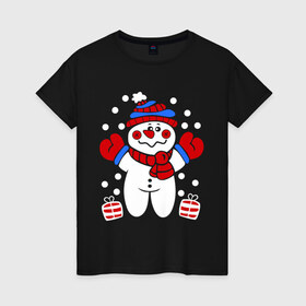 Женская футболка хлопок с принтом Снеговик в снегу в Тюмени, 100% хлопок | прямой крой, круглый вырез горловины, длина до линии бедер, слегка спущенное плечо | новый год | снеговик