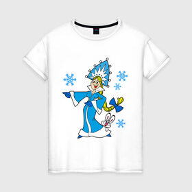 Женская футболка хлопок с принтом Снегурочка в Тюмени, 100% хлопок | прямой крой, круглый вырез горловины, длина до линии бедер, слегка спущенное плечо | девушкам | кролик | новый год | снег | снегурочка