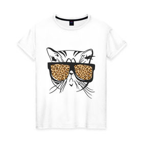 Женская футболка хлопок с принтом Кот в очках в Тюмени, 100% хлопок | прямой крой, круглый вырез горловины, длина до линии бедер, слегка спущенное плечо | swag | киса | кот | кот в очках | кошка | кошка в очках | леопардовые очки | очки | сваг | усы