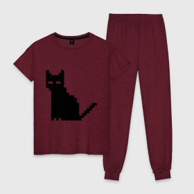 Женская пижама хлопок с принтом Пиксельный котик в Тюмени, 100% хлопок | брюки и футболка прямого кроя, без карманов, на брюках мягкая резинка на поясе и по низу штанин | 90 | cat | kitten | kitty | pixel | кот | котейка | котик | котики | пиксель