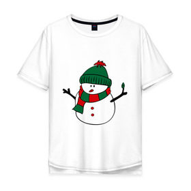 Мужская футболка хлопок Oversize с принтом Снеговик в Тюмени, 100% хлопок | свободный крой, круглый ворот, “спинка” длиннее передней части | зима | новый год | снег | снеговик | шапка | шарф