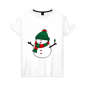 Женская футболка хлопок с принтом Снеговик в Тюмени, 100% хлопок | прямой крой, круглый вырез горловины, длина до линии бедер, слегка спущенное плечо | зима | новый год | снег | снеговик | шапка | шарф
