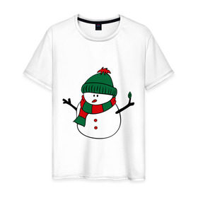 Мужская футболка хлопок с принтом Снеговик в Тюмени, 100% хлопок | прямой крой, круглый вырез горловины, длина до линии бедер, слегка спущенное плечо. | зима | новый год | снег | снеговик | шапка | шарф
