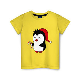 Детская футболка хлопок с принтом Новогодний пингвин. в Тюмени, 100% хлопок | круглый вырез горловины, полуприлегающий силуэт, длина до линии бедер | Тематика изображения на принте: пингвин