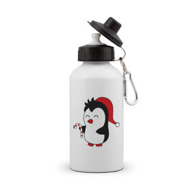 Бутылка спортивная с принтом Новогодний пингвин. в Тюмени, металл | емкость — 500 мл, в комплекте две пластиковые крышки и карабин для крепления | пингвин