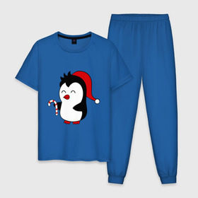 Мужская пижама хлопок с принтом Новогодний пингвин. в Тюмени, 100% хлопок | брюки и футболка прямого кроя, без карманов, на брюках мягкая резинка на поясе и по низу штанин
 | Тематика изображения на принте: пингвин