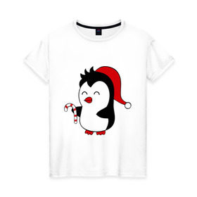 Женская футболка хлопок с принтом Новогодний пингвин. в Тюмени, 100% хлопок | прямой крой, круглый вырез горловины, длина до линии бедер, слегка спущенное плечо | пингвин