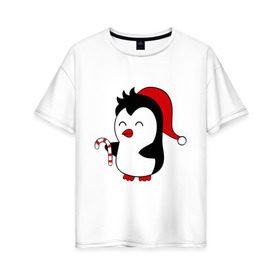 Женская футболка хлопок Oversize с принтом Новогодний пингвин. в Тюмени, 100% хлопок | свободный крой, круглый ворот, спущенный рукав, длина до линии бедер
 | пингвин