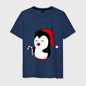 Мужская футболка хлопок с принтом Новогодний пингвин. в Тюмени, 100% хлопок | прямой крой, круглый вырез горловины, длина до линии бедер, слегка спущенное плечо. | Тематика изображения на принте: пингвин