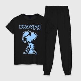Женская пижама хлопок с принтом Snoopy в Тюмени, 100% хлопок | брюки и футболка прямого кроя, без карманов, на брюках мягкая резинка на поясе и по низу штанин | snoopy | мультфильм | снупи | снупи в очках | собака
