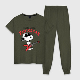 Женская пижама хлопок с принтом Snoopy Rockstar в Тюмени, 100% хлопок | брюки и футболка прямого кроя, без карманов, на брюках мягкая резинка на поясе и по низу штанин | гитара