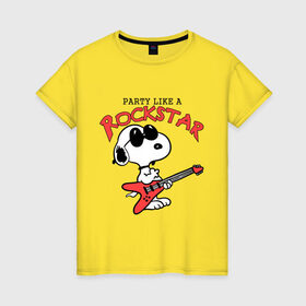 Женская футболка хлопок с принтом Snoopy Rockstar в Тюмени, 100% хлопок | прямой крой, круглый вырез горловины, длина до линии бедер, слегка спущенное плечо | Тематика изображения на принте: гитара