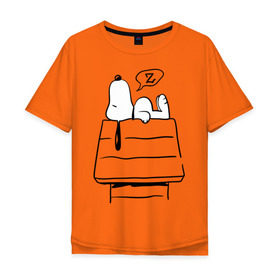 Мужская футболка хлопок Oversize с принтом Спящий Снупи в Тюмени, 100% хлопок | свободный крой, круглый ворот, “спинка” длиннее передней части | Тематика изображения на принте: snoopy | домик | мультфильм | снупи | собака | спящий снупи