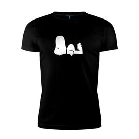 Мужская футболка премиум с принтом Спящий Снупи в Тюмени, 92% хлопок, 8% лайкра | приталенный силуэт, круглый вырез ворота, длина до линии бедра, короткий рукав | Тематика изображения на принте: snoopy | домик | мультфильм | снупи | собака | спящий снупи