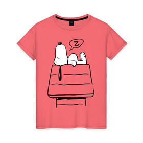 Женская футболка хлопок с принтом Спящий Снупи в Тюмени, 100% хлопок | прямой крой, круглый вырез горловины, длина до линии бедер, слегка спущенное плечо | snoopy | домик | мультфильм | снупи | собака | спящий снупи