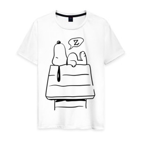 Мужская футболка хлопок с принтом Спящий Снупи в Тюмени, 100% хлопок | прямой крой, круглый вырез горловины, длина до линии бедер, слегка спущенное плечо. | snoopy | домик | мультфильм | снупи | собака | спящий снупи