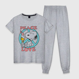 Женская пижама хлопок с принтом Мир и любовь в Тюмени, 100% хлопок | брюки и футболка прямого кроя, без карманов, на брюках мягкая резинка на поясе и по низу штанин | snoopy | мир и любовь | мультфильм | снупи | собака