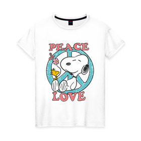 Женская футболка хлопок с принтом Мир и любовь в Тюмени, 100% хлопок | прямой крой, круглый вырез горловины, длина до линии бедер, слегка спущенное плечо | snoopy | мир и любовь | мультфильм | снупи | собака