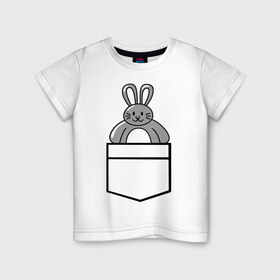 Детская футболка хлопок с принтом Зайчик в кармашке в Тюмени, 100% хлопок | круглый вырез горловины, полуприлегающий силуэт, длина до линии бедер | Тематика изображения на принте: животные | зайчик | карман | одежда | прикольные картинки