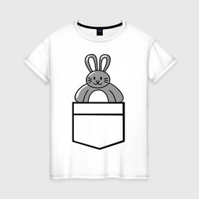 Женская футболка хлопок с принтом Зайчик в кармашке в Тюмени, 100% хлопок | прямой крой, круглый вырез горловины, длина до линии бедер, слегка спущенное плечо | Тематика изображения на принте: животные | зайчик | карман | одежда | прикольные картинки