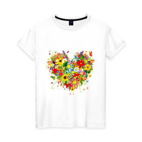 Женская футболка хлопок с принтом Сердце из полевых цветов в Тюмени, 100% хлопок | прямой крой, круглый вырез горловины, длина до линии бедер, слегка спущенное плечо | Тематика изображения на принте: любовь | праздник | сердце из полевых цветов | счастье | цветы