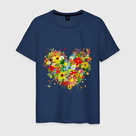 Мужская футболка хлопок с принтом Сердце из полевых цветов в Тюмени, 100% хлопок | прямой крой, круглый вырез горловины, длина до линии бедер, слегка спущенное плечо. | Тематика изображения на принте: любовь | праздник | сердце из полевых цветов | счастье | цветы