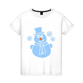 Женская футболка хлопок с принтом Веселый снеговичек в Тюмени, 100% хлопок | прямой крой, круглый вырез горловины, длина до линии бедер, слегка спущенное плечо | веселый снеговичек | зима | новый год | снеговик | снеговичек | снежинка