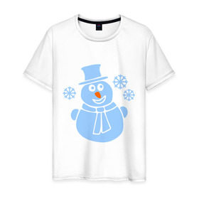 Мужская футболка хлопок с принтом Веселый снеговичек в Тюмени, 100% хлопок | прямой крой, круглый вырез горловины, длина до линии бедер, слегка спущенное плечо. | Тематика изображения на принте: веселый снеговичек | зима | новый год | снеговик | снеговичек | снежинка