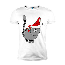Мужская футболка премиум с принтом Кот в шапке в Тюмени, 92% хлопок, 8% лайкра | приталенный силуэт, круглый вырез ворота, длина до линии бедра, короткий рукав | киса | колпак | кот | кот в шапке | кошка | новый год | шапка