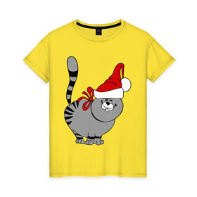 Женская футболка хлопок с принтом Кот в шапке в Тюмени, 100% хлопок | прямой крой, круглый вырез горловины, длина до линии бедер, слегка спущенное плечо | киса | колпак | кот | кот в шапке | кошка | новый год | шапка