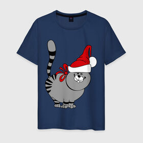Мужская футболка хлопок с принтом Кот в шапке в Тюмени, 100% хлопок | прямой крой, круглый вырез горловины, длина до линии бедер, слегка спущенное плечо. | Тематика изображения на принте: киса | колпак | кот | кот в шапке | кошка | новый год | шапка
