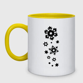 Кружка двухцветная с принтом Снежинки в Тюмени, керамика | объем — 330 мл, диаметр — 80 мм. Цветная ручка и кайма сверху, в некоторых цветах — вся внутренняя часть | зима | снег | снегопад | снежинка | снежинки