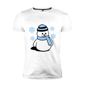 Мужская футболка премиум с принтом Снеговик в Тюмени, 92% хлопок, 8% лайкра | приталенный силуэт, круглый вырез ворота, длина до линии бедра, короткий рукав | зима | новый год | снег | снеговик | снежинки | шарф