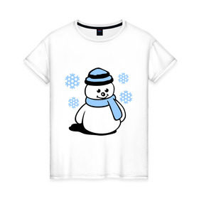 Женская футболка хлопок с принтом Снеговик в Тюмени, 100% хлопок | прямой крой, круглый вырез горловины, длина до линии бедер, слегка спущенное плечо | зима | новый год | снег | снеговик | снежинки | шарф