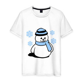 Мужская футболка хлопок с принтом Снеговик в Тюмени, 100% хлопок | прямой крой, круглый вырез горловины, длина до линии бедер, слегка спущенное плечо. | зима | новый год | снег | снеговик | снежинки | шарф
