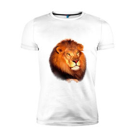 Мужская футболка премиум с принтом Лев в Тюмени, 92% хлопок, 8% лайкра | приталенный силуэт, круглый вырез ворота, длина до линии бедра, короткий рукав | animals | lion | mountain | животные | лев | прикольные картинки
