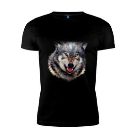 Мужская футболка премиум с принтом Волк в Тюмени, 92% хлопок, 8% лайкра | приталенный силуэт, круглый вырез ворота, длина до линии бедра, короткий рукав | animals | mountain | wolf | волк | животные | прикольные картинки