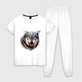 Женская пижама хлопок с принтом Волк в Тюмени, 100% хлопок | брюки и футболка прямого кроя, без карманов, на брюках мягкая резинка на поясе и по низу штанин | animals | mountain | wolf | волк | животные | прикольные картинки