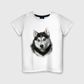 Детская футболка хлопок с принтом Хаски в Тюмени, 100% хлопок | круглый вырез горловины, полуприлегающий силуэт, длина до линии бедер | Тематика изображения на принте: animals | dog | mountain | животные | прикольные картинки | собака | хаски