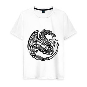 Мужская футболка хлопок с принтом Кельтский дракон в Тюмени, 100% хлопок | прямой крой, круглый вырез горловины, длина до линии бедер, слегка спущенное плечо. | вязь | дракон | кельтский | кельты | трайбл | узор