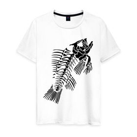 Мужская футболка хлопок с принтом Рыбий скелет в Тюмени, 100% хлопок | прямой крой, круглый вырез горловины, длина до линии бедер, слегка спущенное плечо. | Тематика изображения на принте: скелет