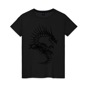 Женская футболка хлопок с принтом Костяной дракон (скелет) в Тюмени, 100% хлопок | прямой крой, круглый вырез горловины, длина до линии бедер, слегка спущенное плечо | скелет