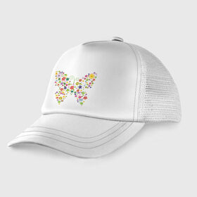 Детская кепка тракер с принтом Бабочка из цветов в Тюмени, Козырек - 100% хлопок. Кепка - 100% полиэстер, Задняя часть - сетка | универсальный размер, пластиковая застёжка | бабочка | цветочек
