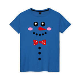 Женская футболка хлопок с принтом Позитивный снеговичек в Тюмени, 100% хлопок | прямой крой, круглый вырез горловины, длина до линии бедер, слегка спущенное плечо | Тематика изображения на принте: новый год | позитивный снеговичек | снег | снеговие | улыбка