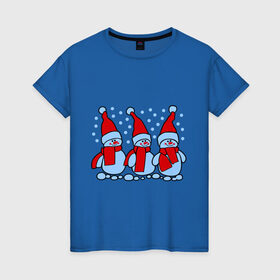 Женская футболка хлопок с принтом Три снеговика в Тюмени, 100% хлопок | прямой крой, круглый вырез горловины, длина до линии бедер, слегка спущенное плечо | новый год | снег | снеговик | снеговики | снеговички | три снеговика | шапка