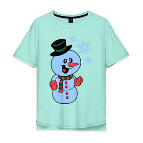 Мужская футболка хлопок Oversize с принтом Снеговик и снежинки в Тюмени, 100% хлопок | свободный крой, круглый ворот, “спинка” длиннее передней части | новый год | снег | снеговик | снеговик и снежинки | снежинка | снежинки