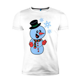 Мужская футболка премиум с принтом Снеговик и снежинки в Тюмени, 92% хлопок, 8% лайкра | приталенный силуэт, круглый вырез ворота, длина до линии бедра, короткий рукав | новый год | снег | снеговик | снеговик и снежинки | снежинка | снежинки