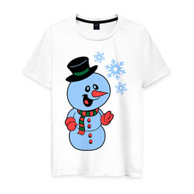 Мужская футболка хлопок с принтом Снеговик и снежинки в Тюмени, 100% хлопок | прямой крой, круглый вырез горловины, длина до линии бедер, слегка спущенное плечо. | Тематика изображения на принте: новый год | снег | снеговик | снеговик и снежинки | снежинка | снежинки