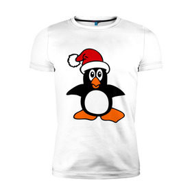 Мужская футболка премиум с принтом Новогодний пингвин. в Тюмени, 92% хлопок, 8% лайкра | приталенный силуэт, круглый вырез ворота, длина до линии бедра, короткий рукав | пингвин